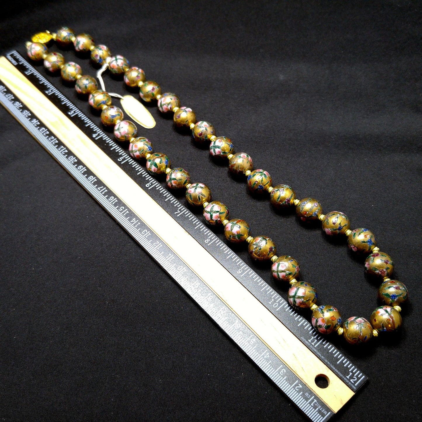 Vintage Chinese Beaded Necklace, Hand Painted & Knotted Floral Beads, 1940s Vintage Jewelry
