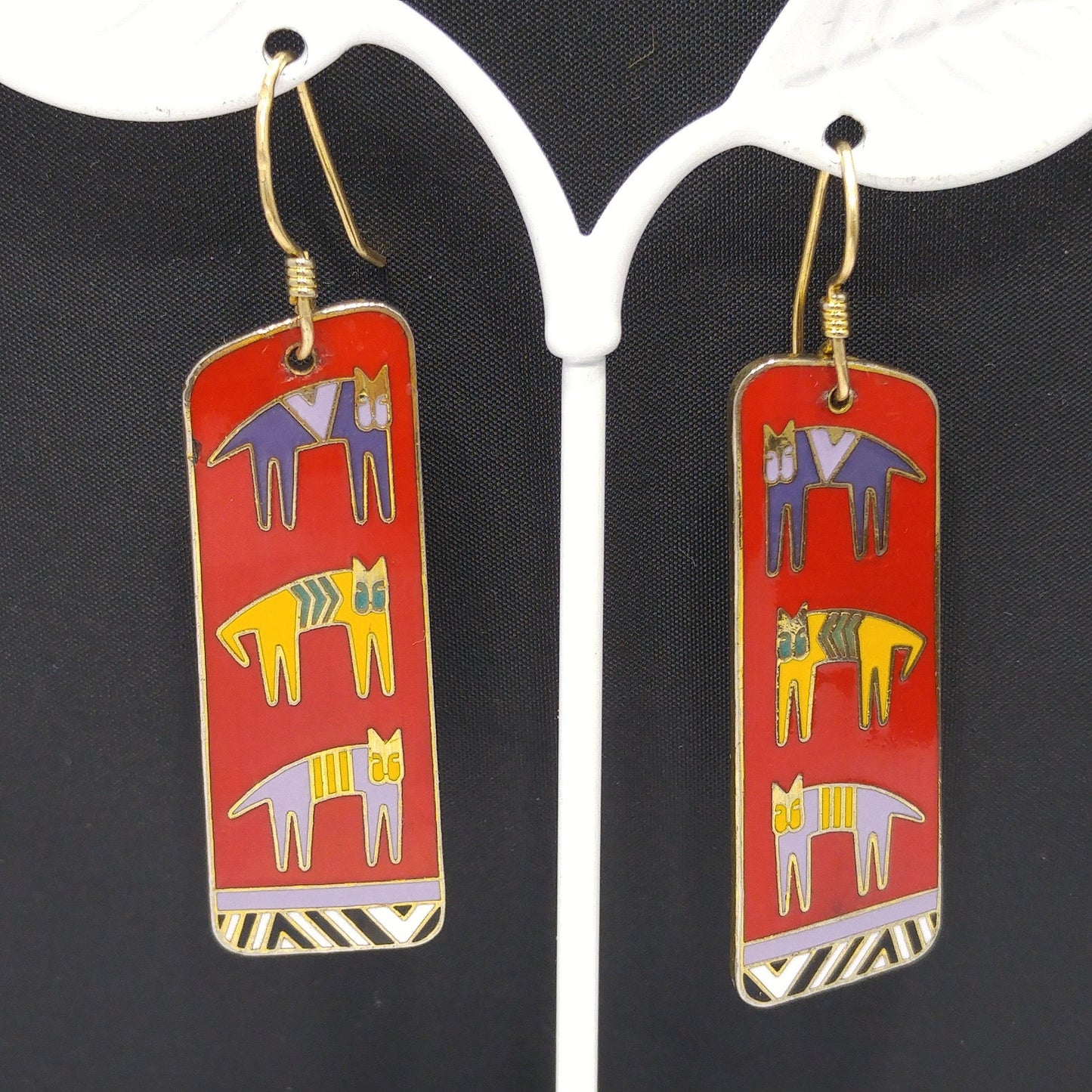 Laurel Burch "Hieroglyphic" Cats, Cloisonne Red Enamel, Gold Plated, 1980s Vintage Jewelry