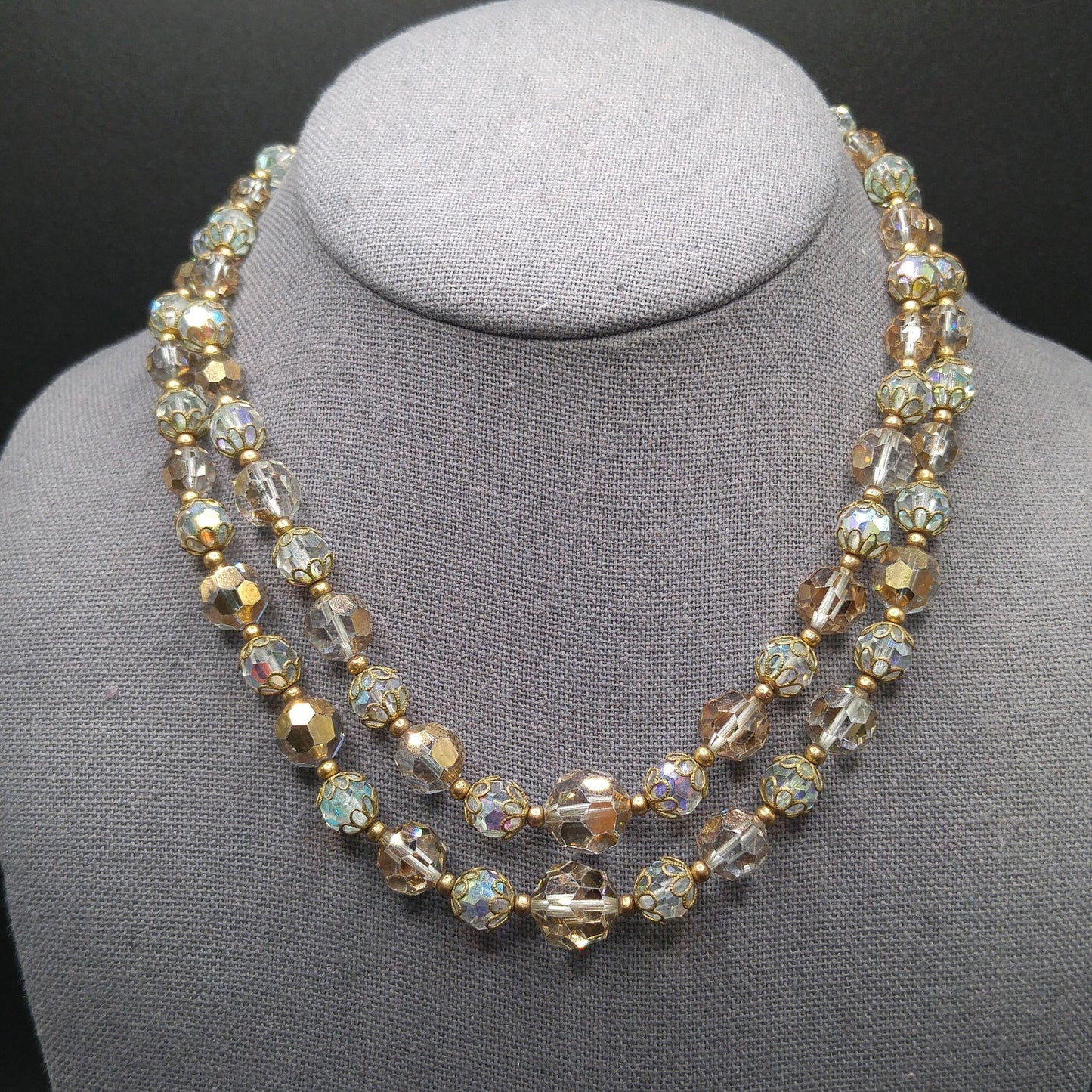Clear Gold Crystal Beaded Necklace, Mid-Century Two Strands, 1960s Vintage Jewelry