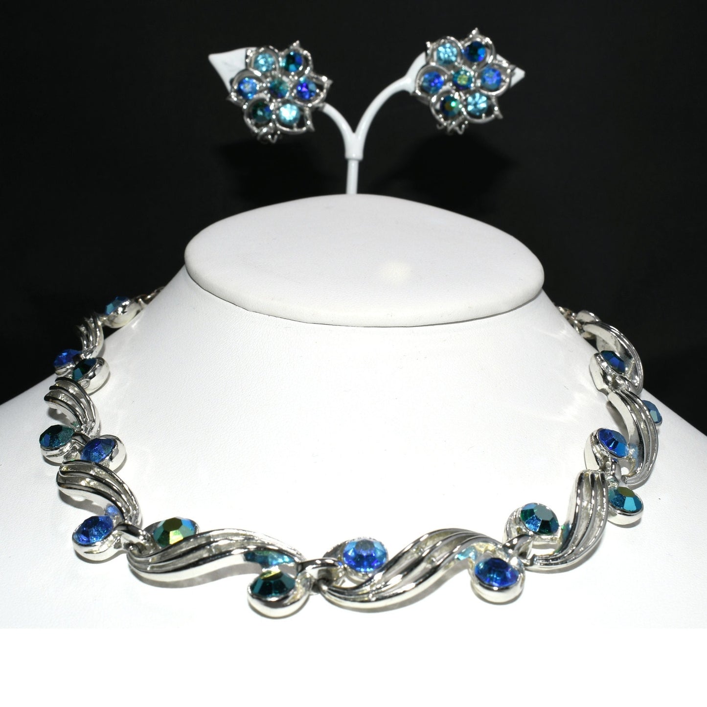 Blue Aurora Borealis Rhinestone Choker Necklace Earrings, Rhodium Plated, 1950s Vintage Jewelry