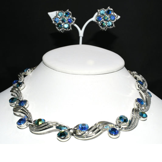 Blue Aurora Borealis Rhinestone Choker Necklace Earrings, Rhodium Plated, 1950s Vintage Jewelry