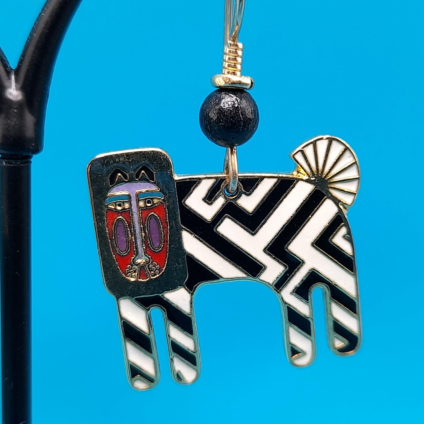 Laurel Burch "Zzzebra" Drop Earrings, Cloisonne Enamel, Gold Plated, 1980s