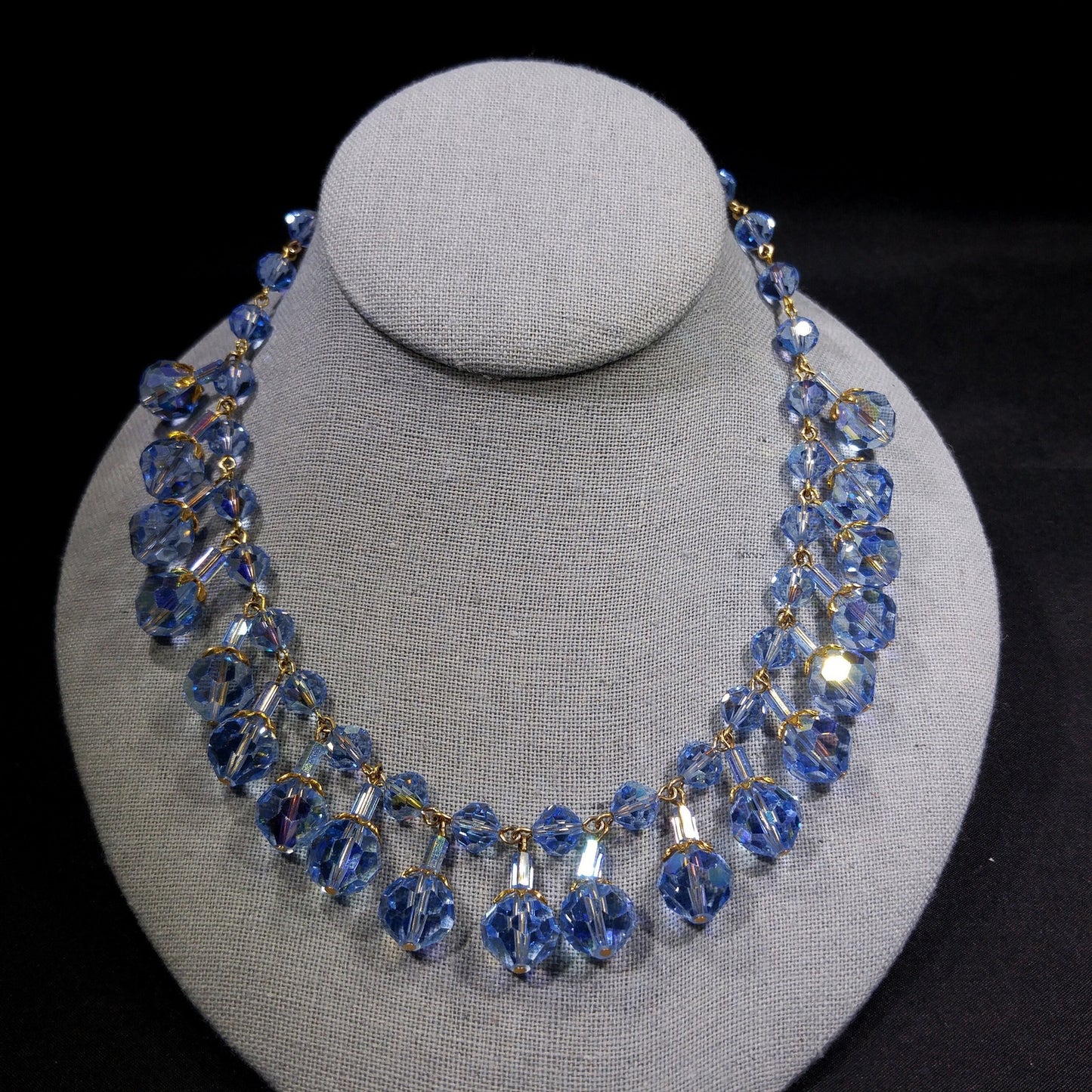 Blue Crystal Dangling Necklace, Light Blue Faceted Beads, 1960s Vintage Jewelry