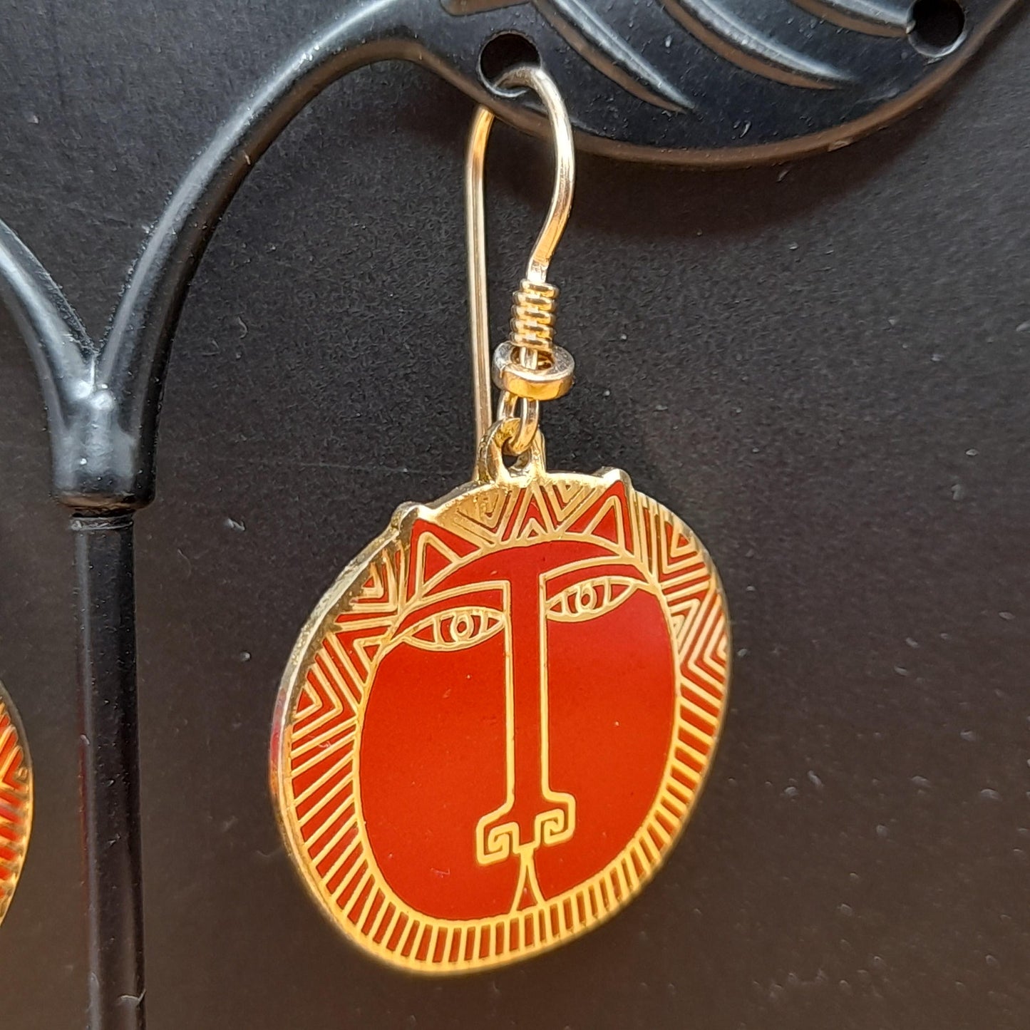 Laurel Burch "Moon Tiger" Red Drop Earrings, Gold Plated Cloisonné, Red Enamel, 1980s Vintage Jewelry