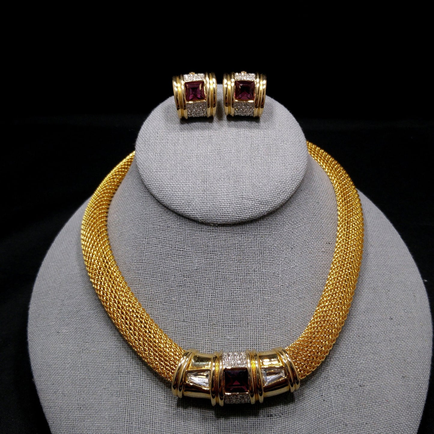 Purple Clear Rhinestone Necklace & Earrings, Gold Plated, 1980s Vintage Jewelry