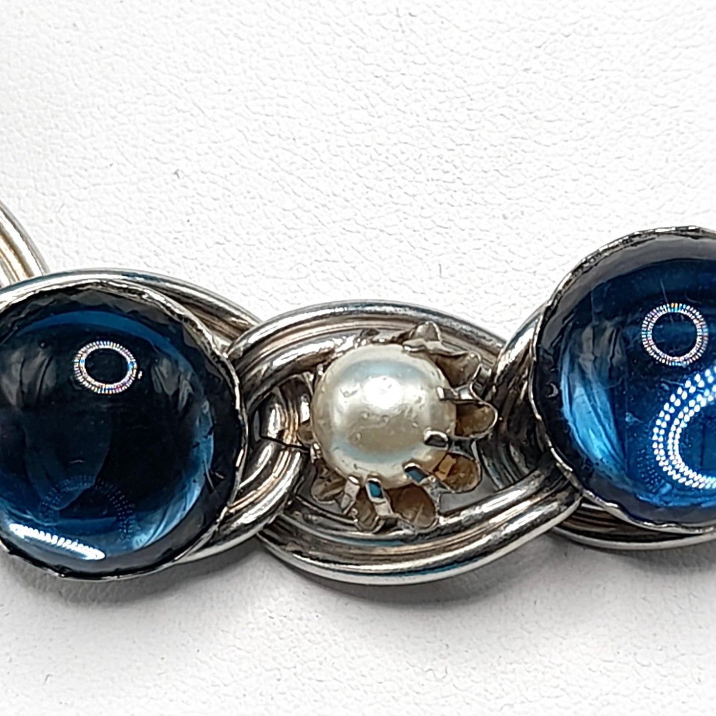 Vintage Blue Cabochon Choker Necklace, Faux Pearls, Clear Rhinestones, 1950s Vintage Jewelry