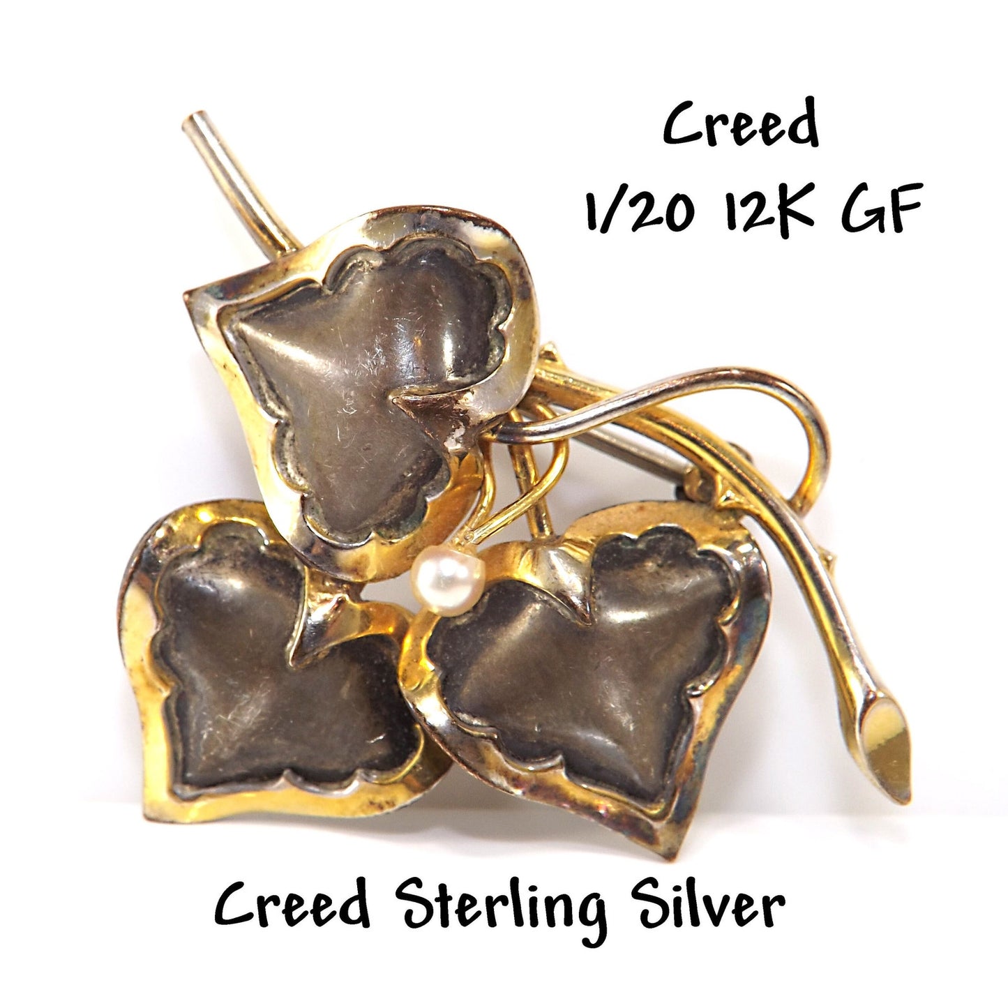 Vintage CREED Sterling Silver Floral Brooch with 12K GF & Pearl, Mid-Century