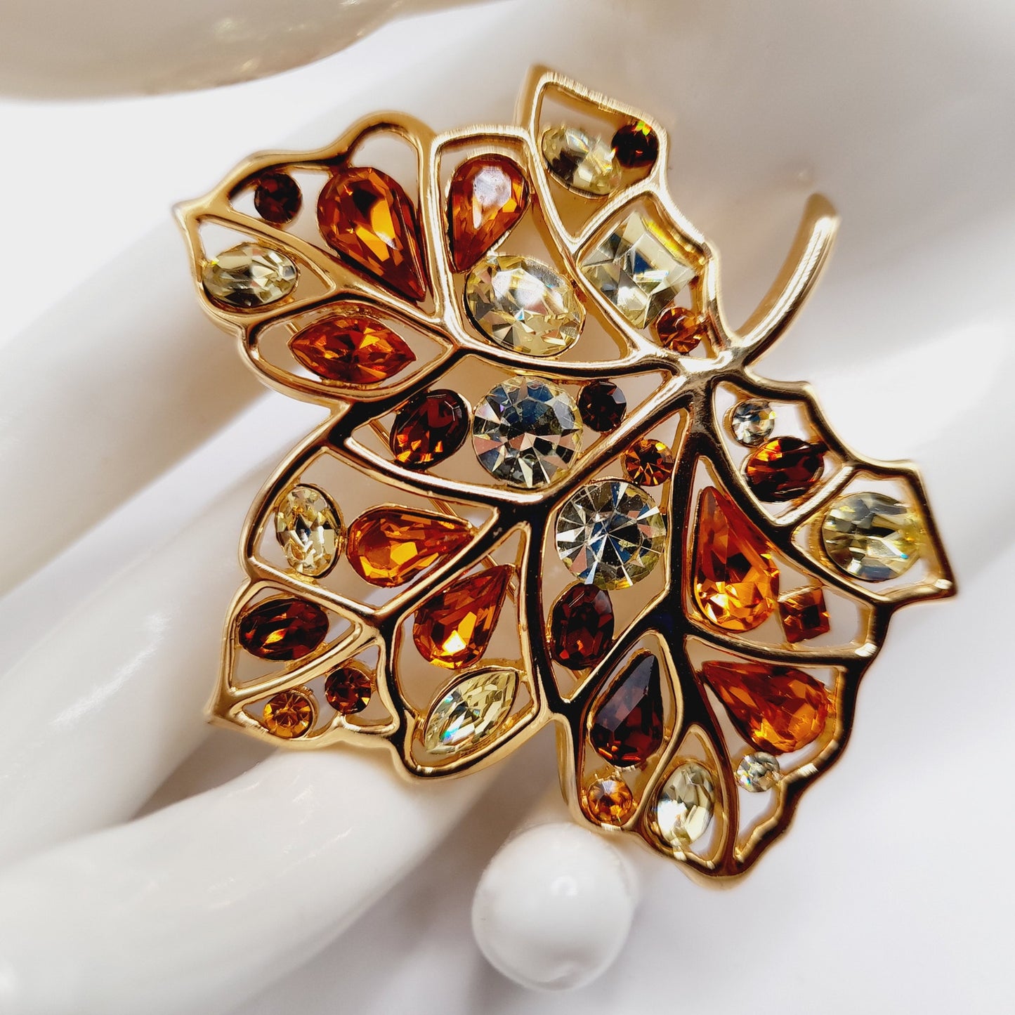 Vintage Nolan Miller Maple Leaf Brooch Gold Plated Rhinestone Glamour Collection 2 3/8"