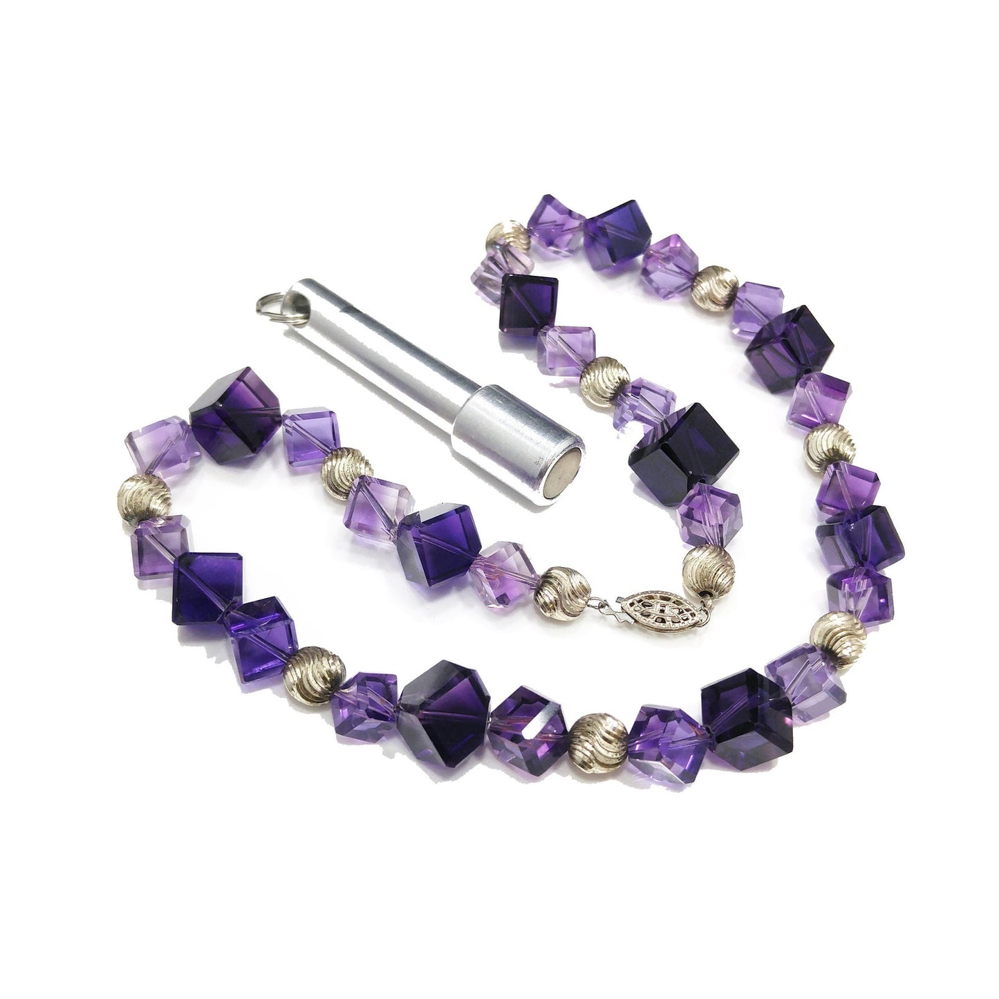 Vintage Amethyst Cube Bead Necklace – Light & Dark Purple Gemstones – 1990s