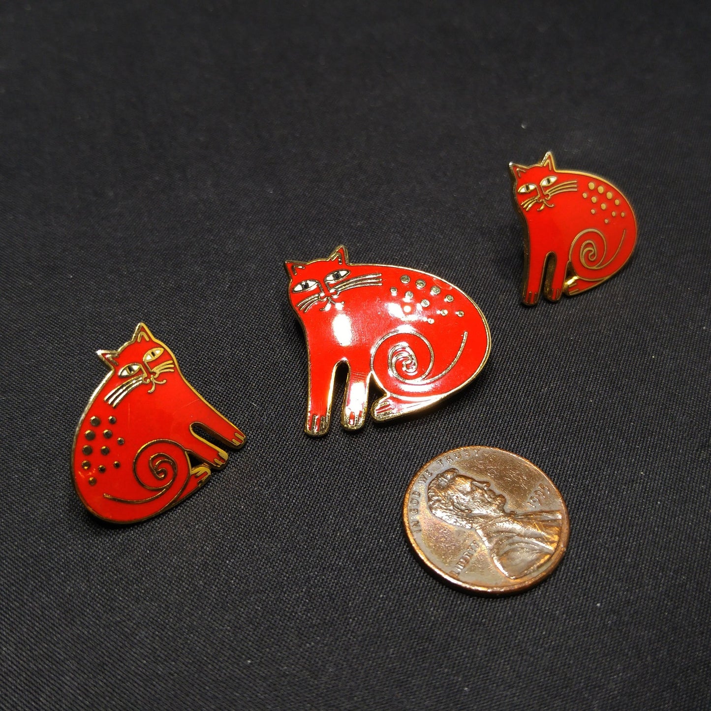 Laurel Burch "Keshire Cat" Red Enamel Brooch & Post Earrings, Gold Plated Cloisonne