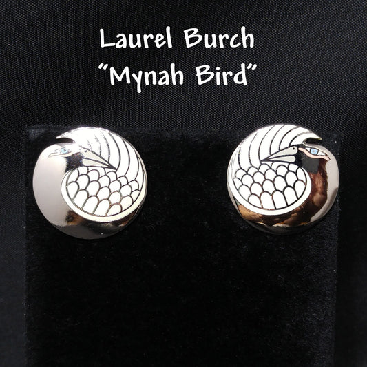 Laurel Burch "Mynah Bird" Post Earrings, Gold Plated, Silver Tone Cloisonne