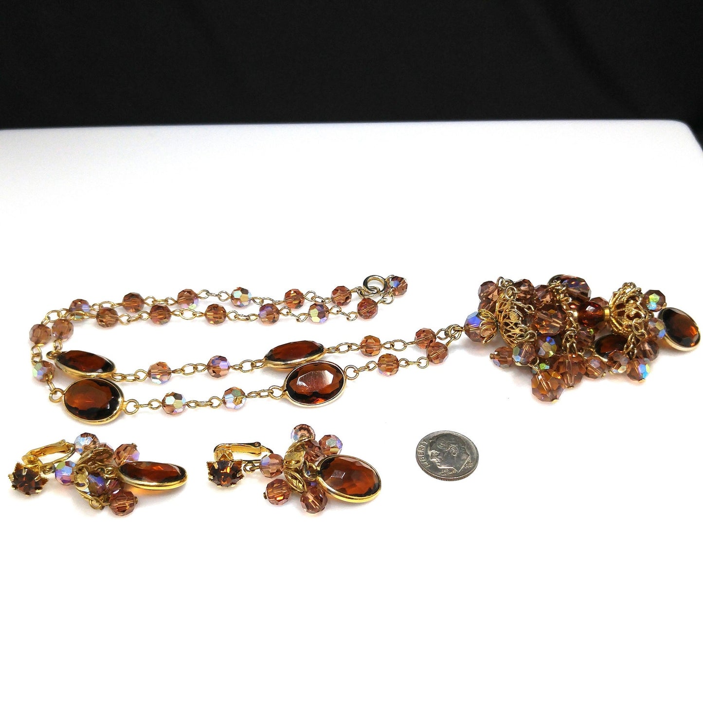 Filigree Chandelier Pendant Necklace & Earrings, Topaz Crystal Beads, 1970s Vintage Jewelry