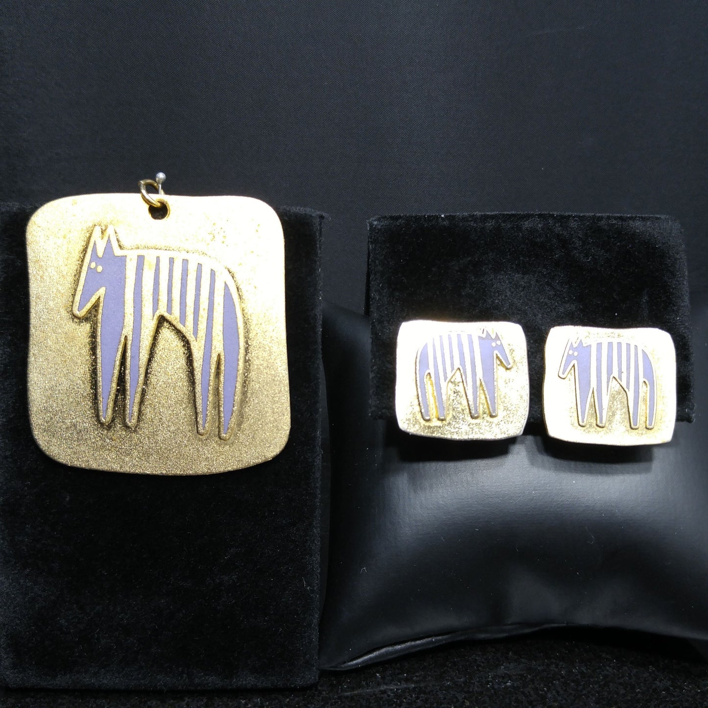 Laurel Burch "Striped Beast" Pendant & Earrings, Brass Purple Enamel, 1980s