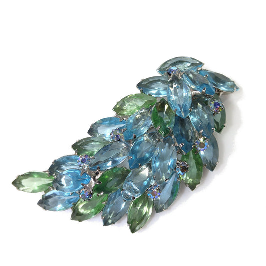 Turquoise & Green Rhinestone Brooch, Rhodium Plated, 1960s Vintage Jewelry