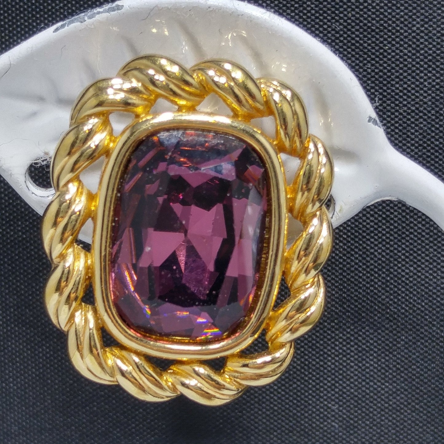 Swarovski S.A.L. Earrings, Purple Crystal Clip Ons, Gold Rope Design, 1970s Vintage Jewelry