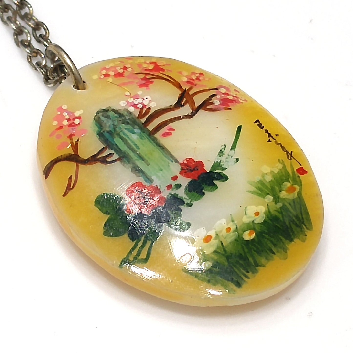 Vintage Asian Hand Painted Shell Pendant, Cherry Blossoms, 1960s Vintage Jewelry