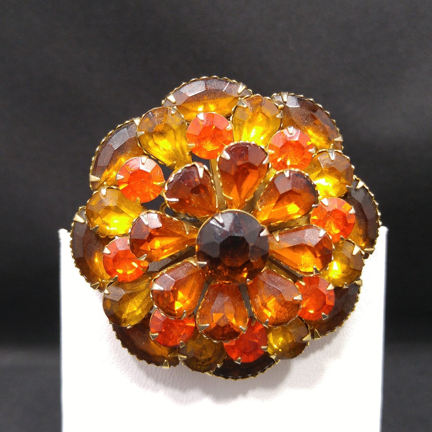 Autumn Fall Rhinestone Flower Brooch, Riveted Design, 1950s Vintage Jewelry