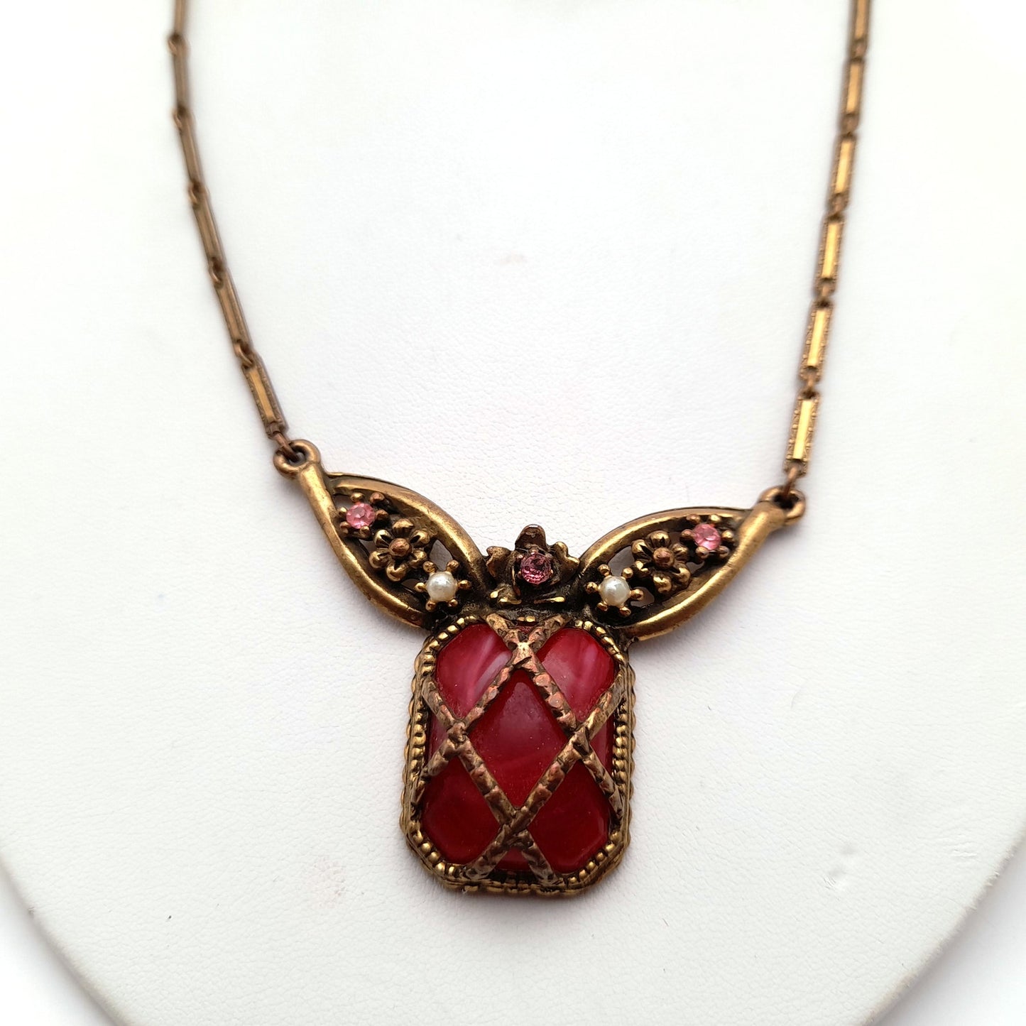 Vintage 1920s Red Thermoset Rhinestone Pendant Necklace, Art Deco, Pot Metal