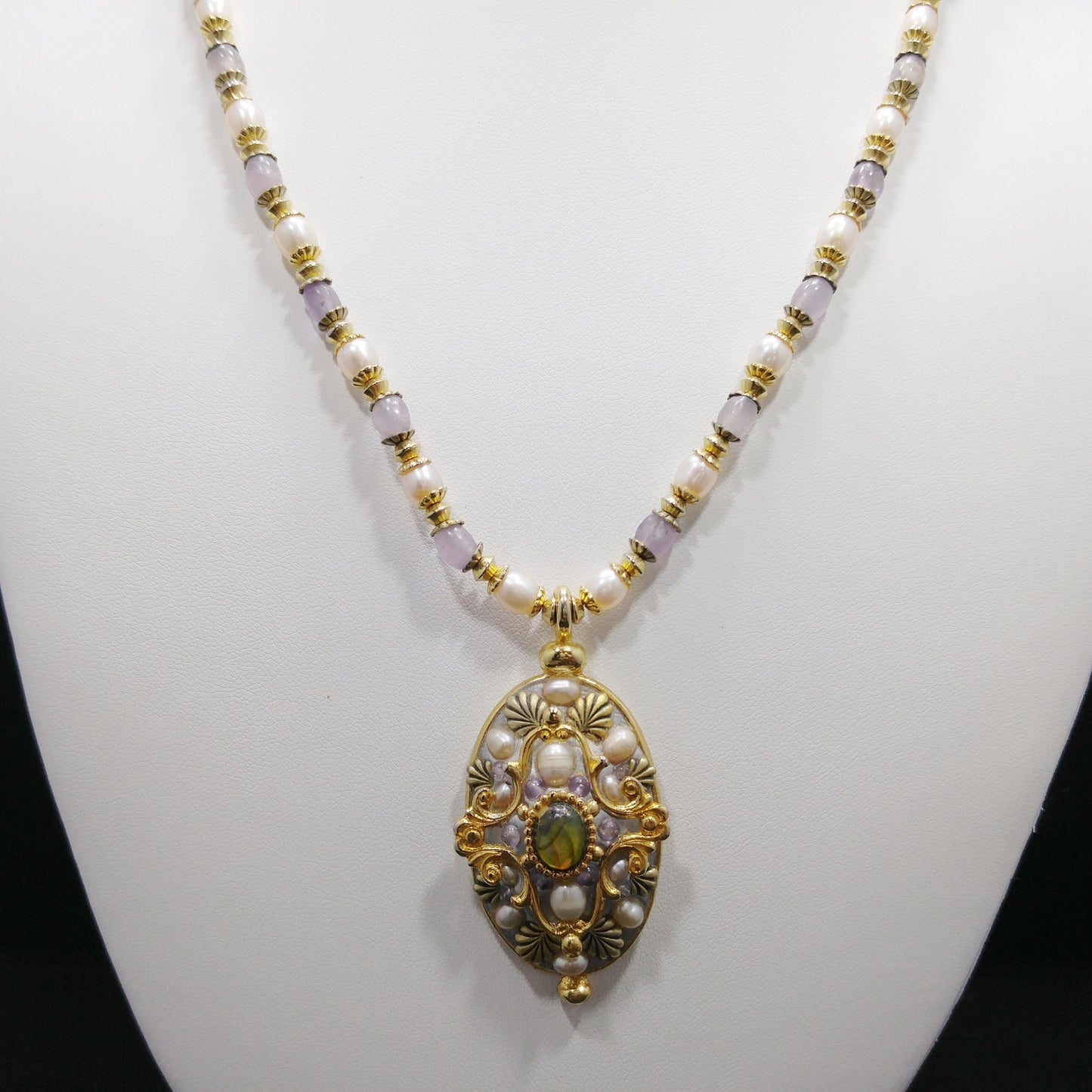 Michal Golan Amethyst Beaded Pendant Necklace, Faux Pearls, Artisan Vintage Jewelry