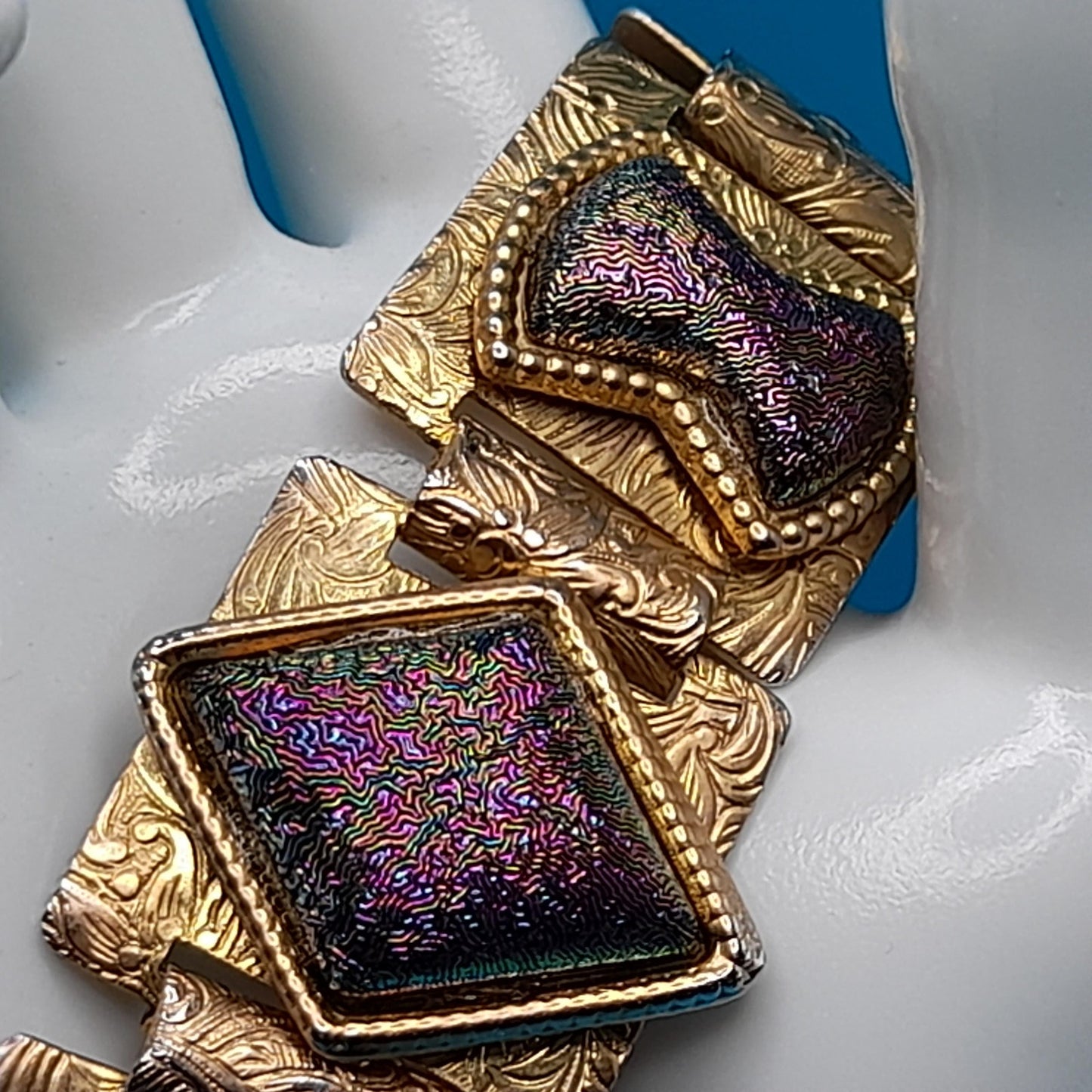 Vintage Dichroic Glass Book Chain Bracelet, Gold Tone, Iridescent Stones, 1950s, 7"