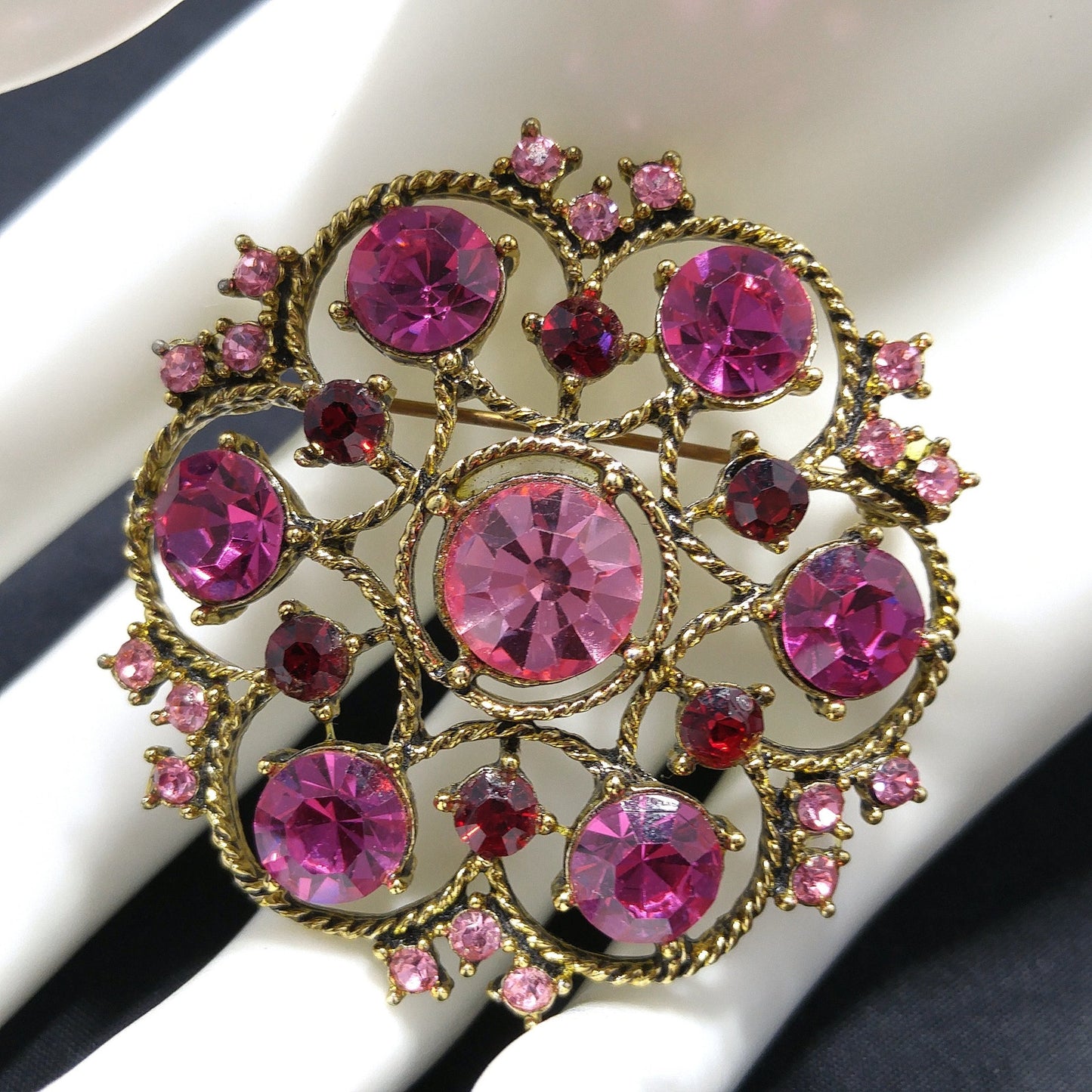 Weiss Pink Rhinestone Brooch, Antique Gold Rope Pin, 1960s Vintage Jewelry