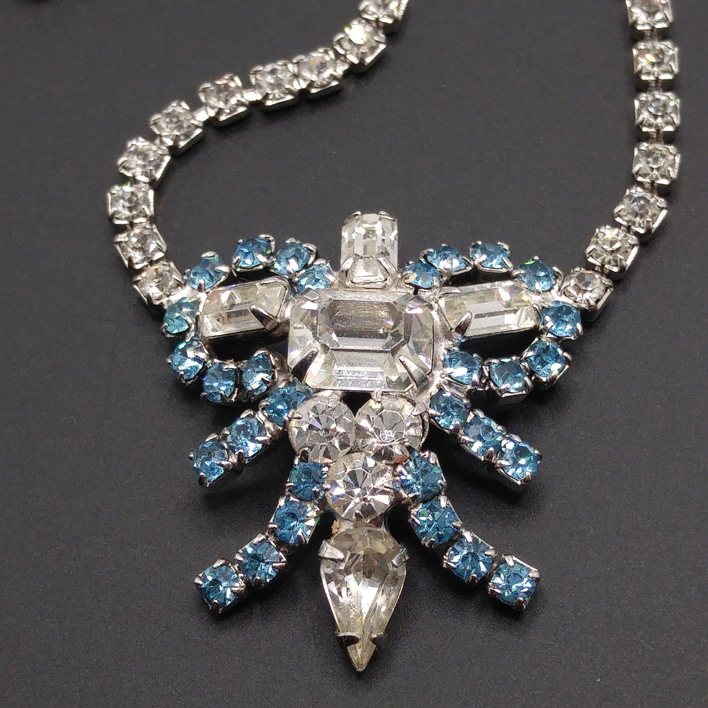Mid-Century Turquoise Blue Clear Rhinestone Choker Necklace, Rhodium Plated, 1960s Vintage Jewelry