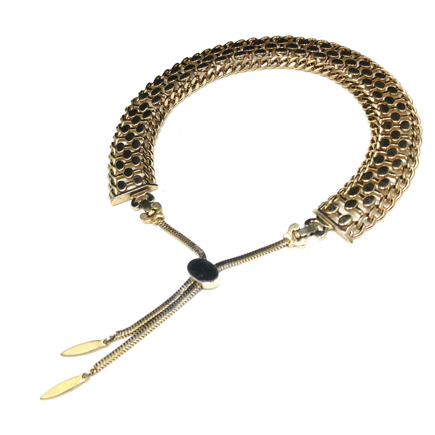 Mid Century MONET Collar Necklace, Tassel Down Back & Two Clasps, Gold Plated, 1950s Vintage Jewelry