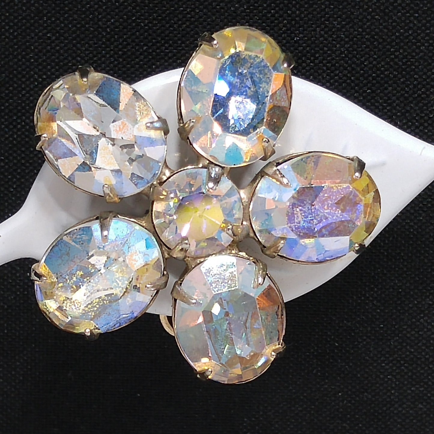 Weiss Aurora Borealis Clear Rhinestone Earrings, Flower Clip Earrings, 1950s Vintage Jewelry