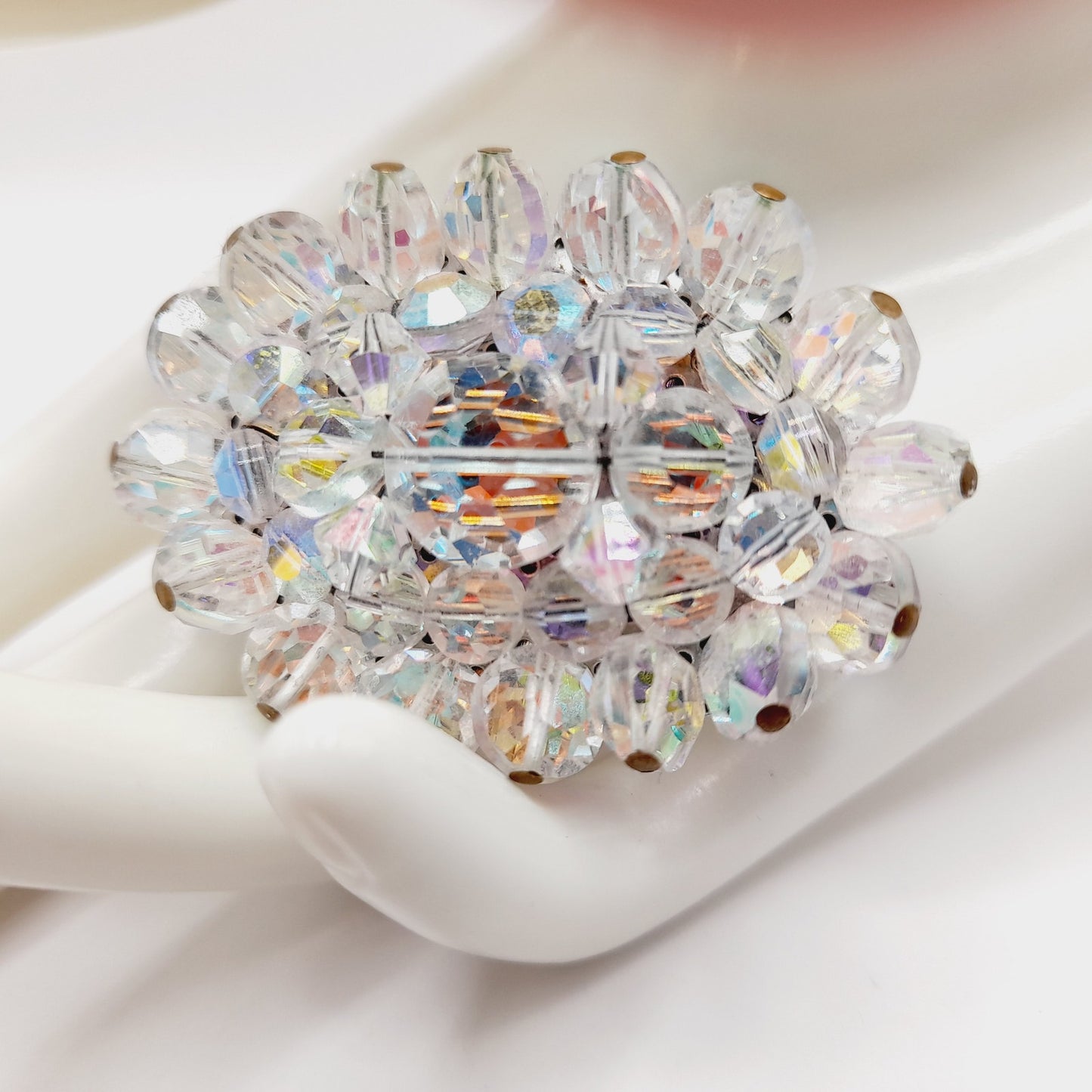 Vintage 1960s Crystal Aurora Borealis Faceted Bead Oval Brooch – 2 Inch Pin