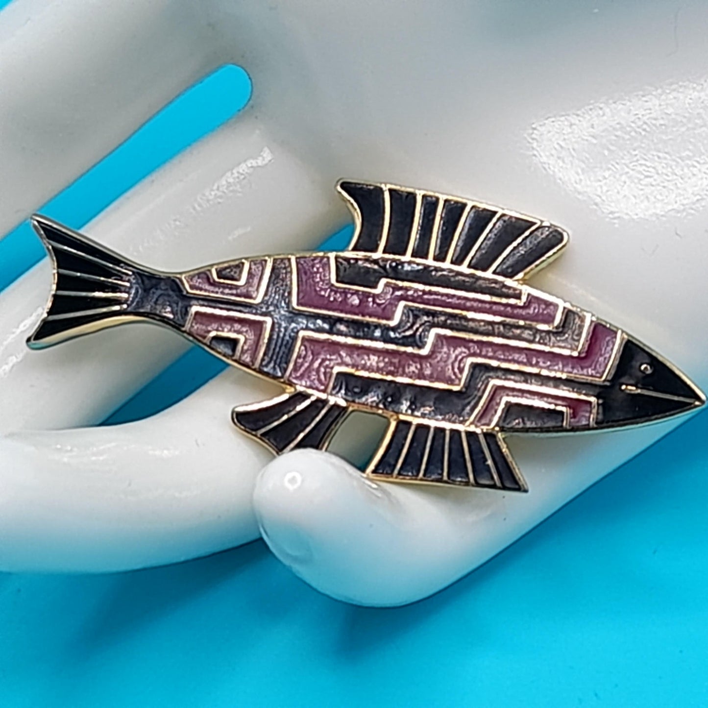 Vintage Laurel Burch "FISH" Brooch, Gold Plated, Black Brown Enamel, 1980s
