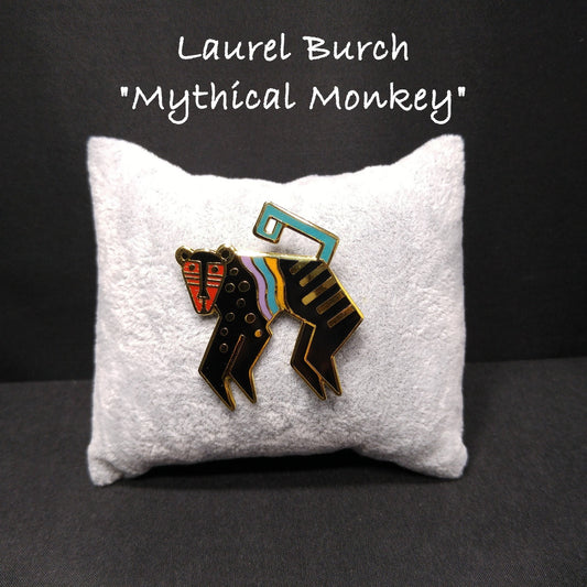 Laurel Burch "Mythical Monkey" Brooch, Gold Plated Cloisonne Enamel, 1980s