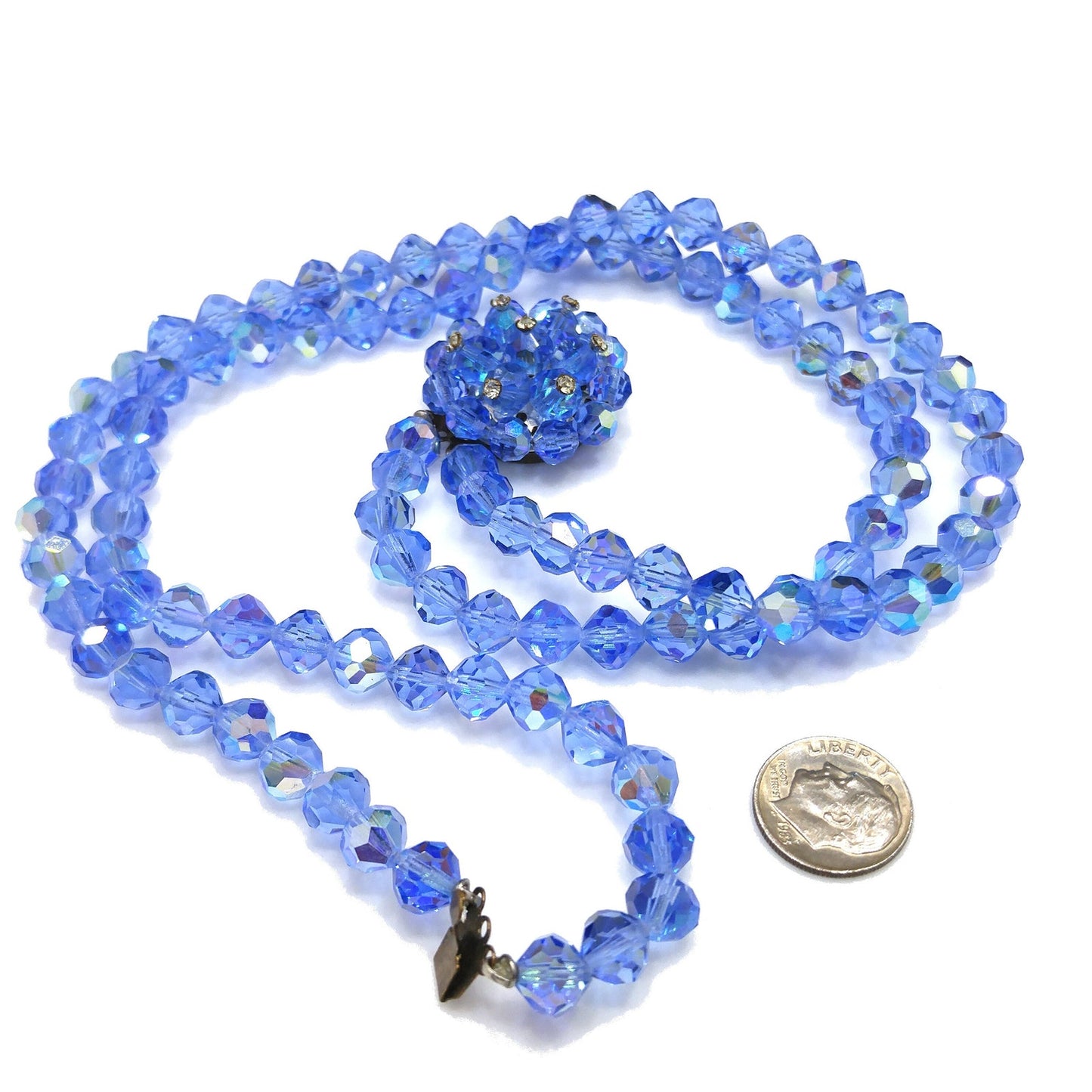 Vintage 1950s Aurora Borealis Blue Crystal Beaded Two-Strand Choker Necklace – Rhinestone Clasp