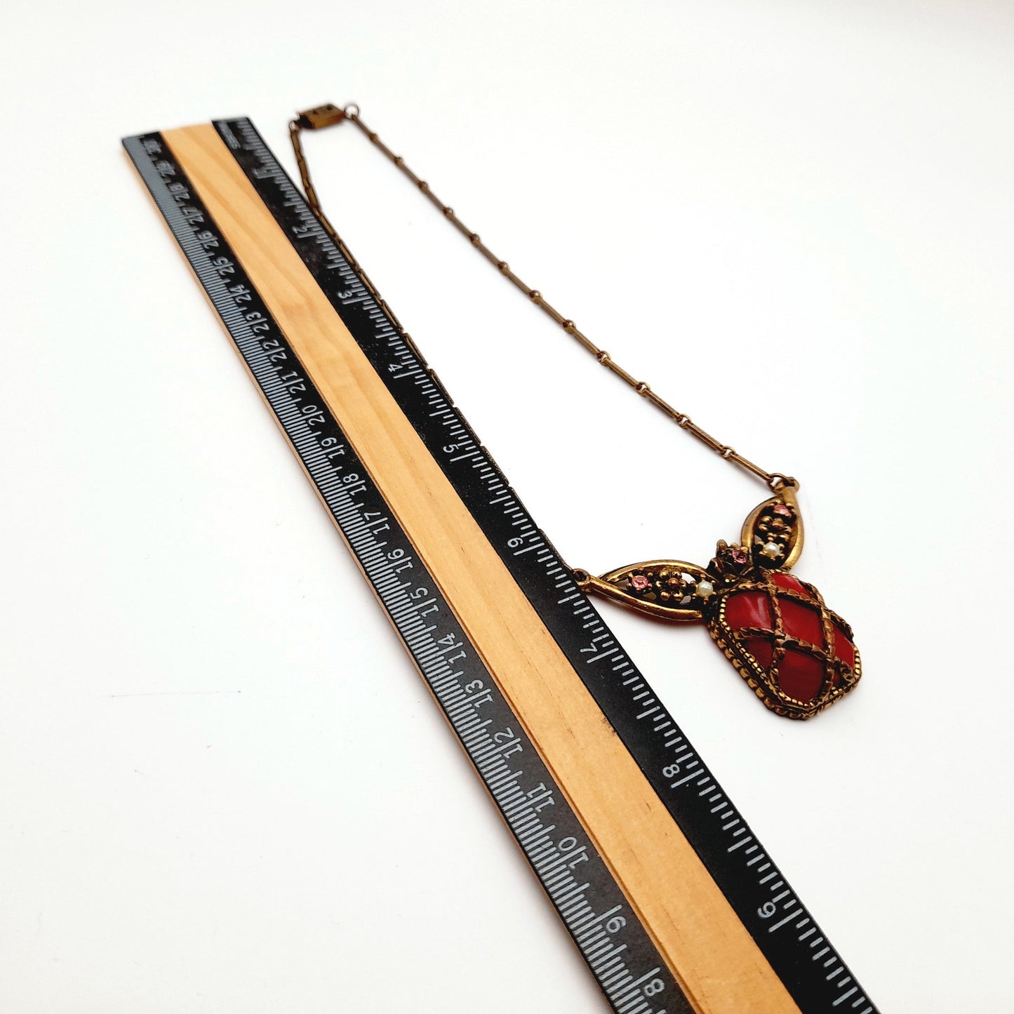 Vintage 1920s Red Thermoset Rhinestone Pendant Necklace, Art Deco, Pot Metal