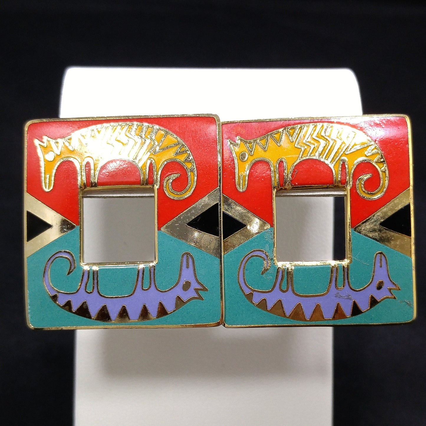 Laurel Burch "Primal Horse" Large Post Earrings, Gold Plated Cloisonné Enamel, 1980s Vintage Jewelry