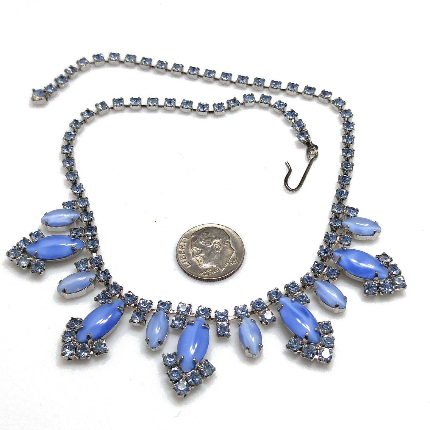 Blue Art Glass Rhinestone Necklace, Rhodium Plated, 1960s Vintage Jewelry