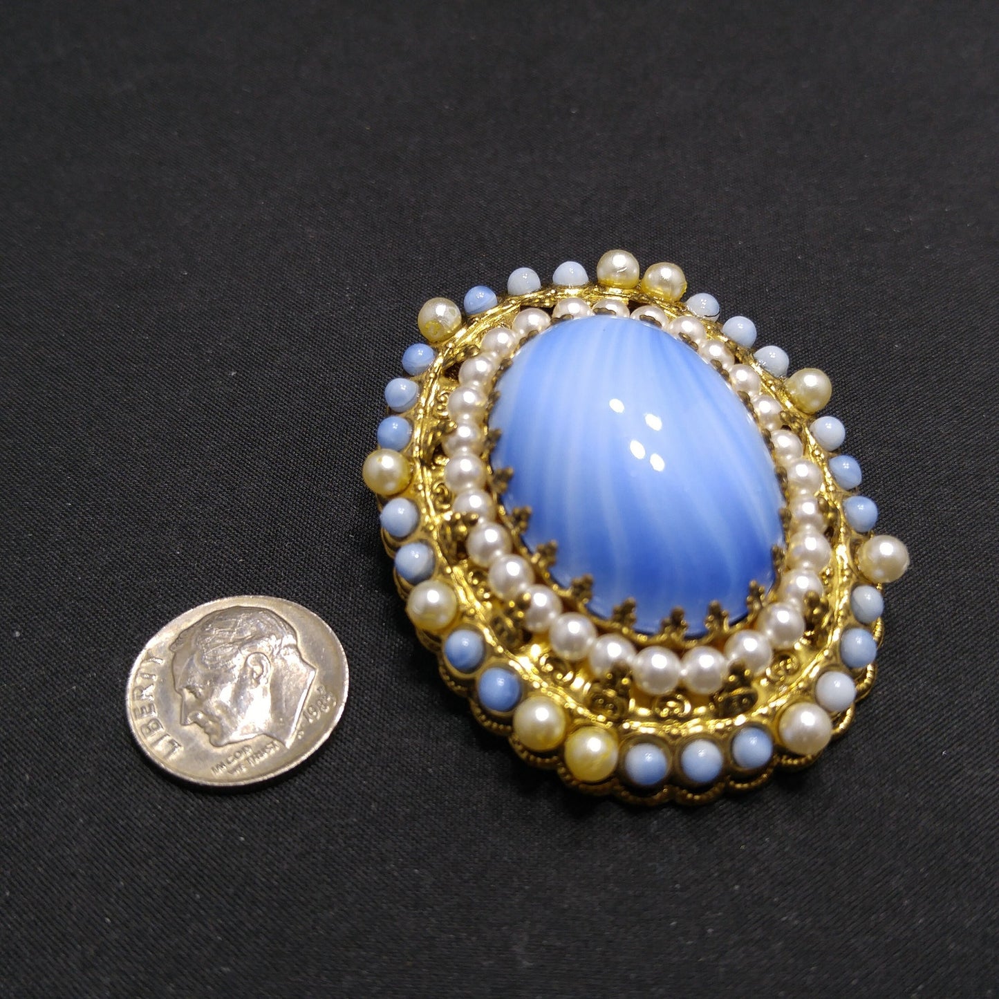 West Germany Blue Glass Filigree Brooch, Faux Pearls, 1950s Vintage Jewelry