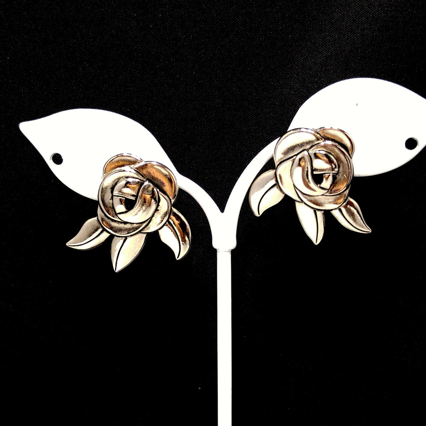 Vintage Laurel Burch Deco Rose Earrings, Rhodium Plated, Black Enamel, 1980s