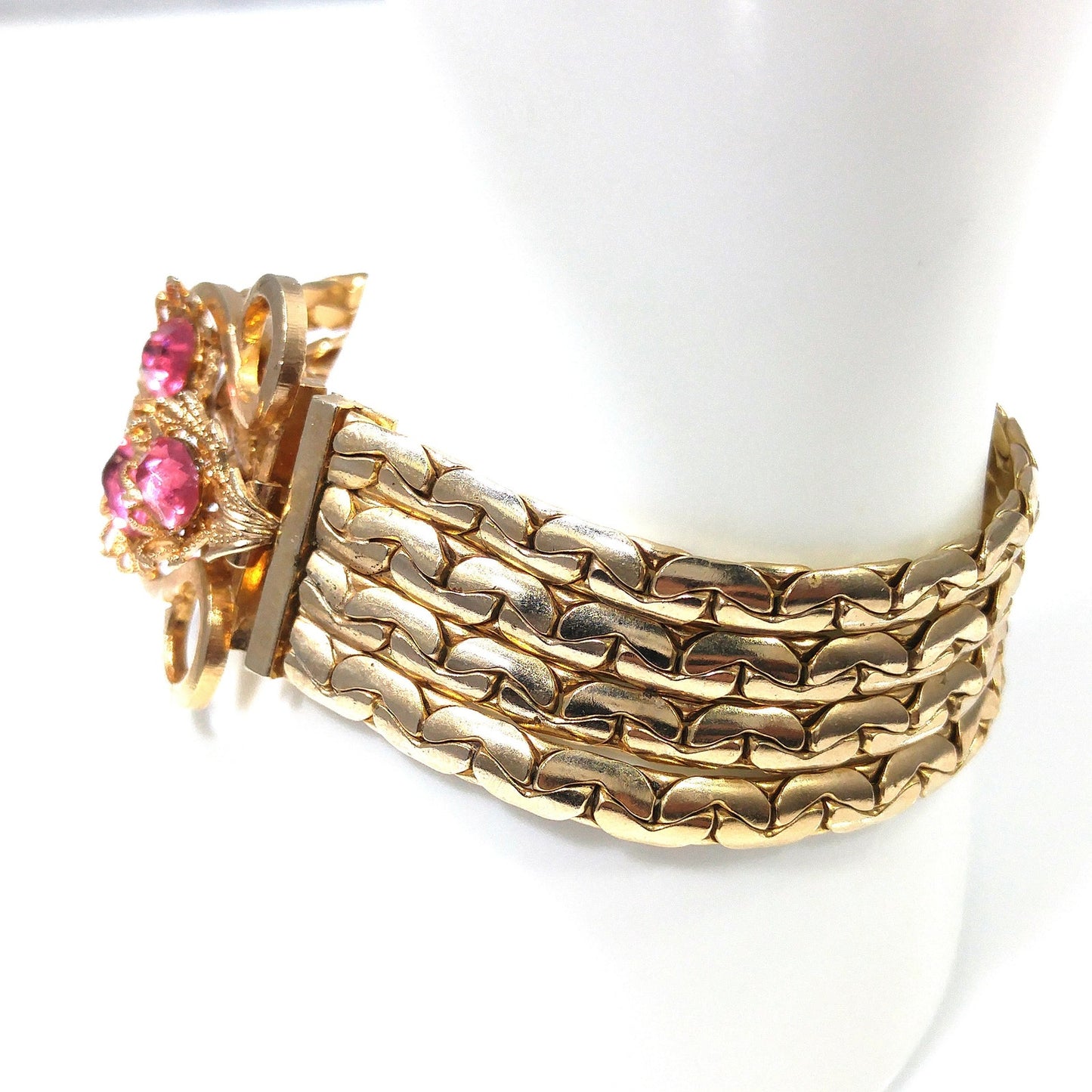 Pink Rhinestone Curb Chain Bracelet, Gold Plated, 1960s Vintage Jewelry