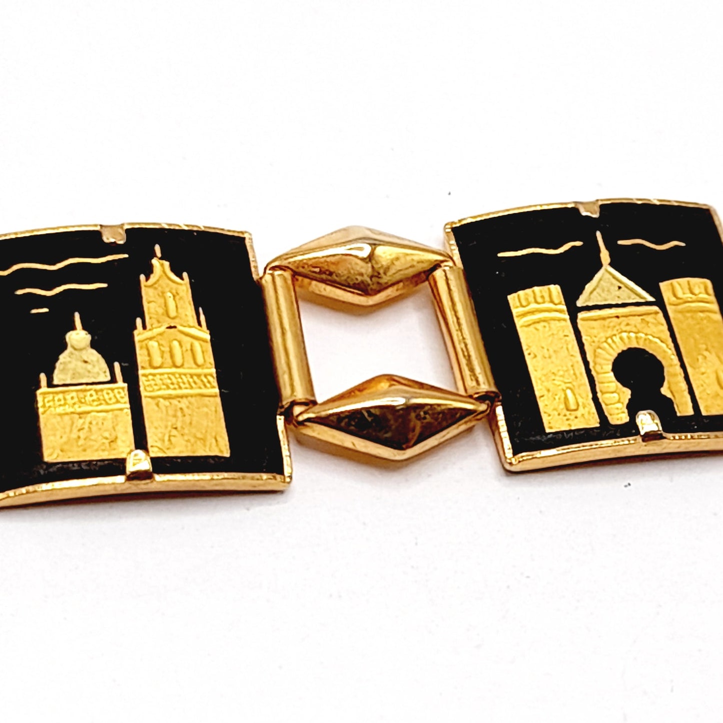 Vintage Damascene Castle Link Bracelet, Spanish Gold Black Jewelry, 7 Inch Chain