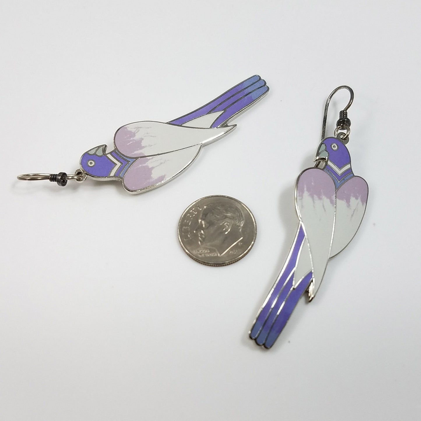 Laurel Burch "Cezanne" Parrot Earrings, Purple Lavender Cream Gray Enamel, Rhodium Plated Cloisonne Parrots, 1980s