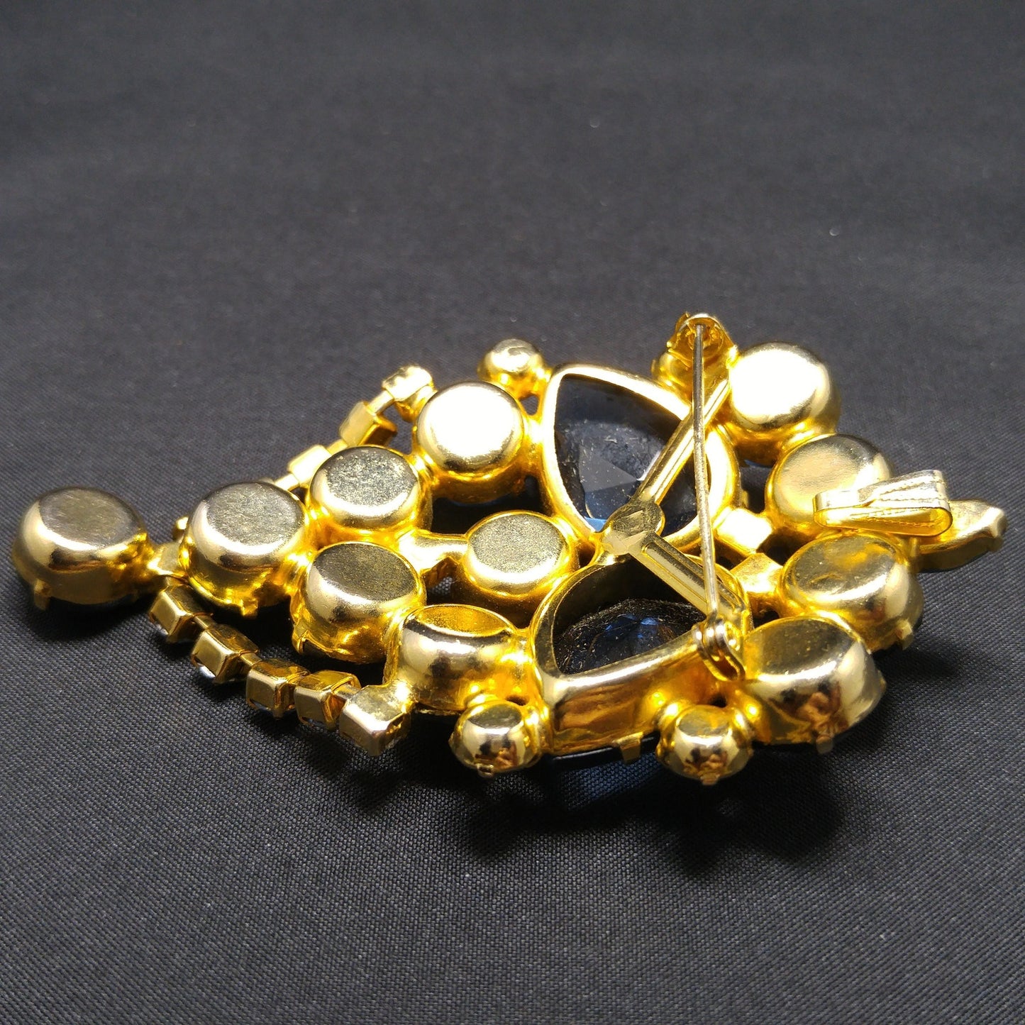 Large Blue Rhinestone Brooch & Pendant, Gold Plated, 1960s Vintage Jewelry