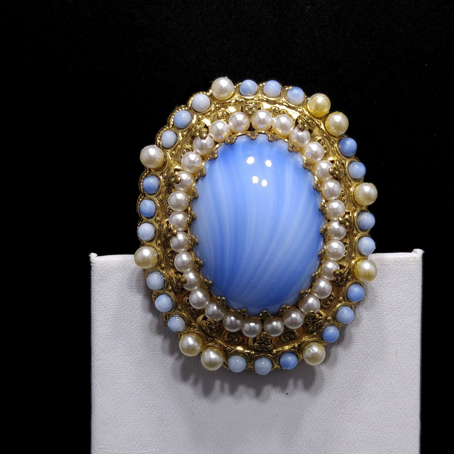 West Germany Blue Glass Filigree Brooch, Faux Pearls, 1950s Vintage Jewelry