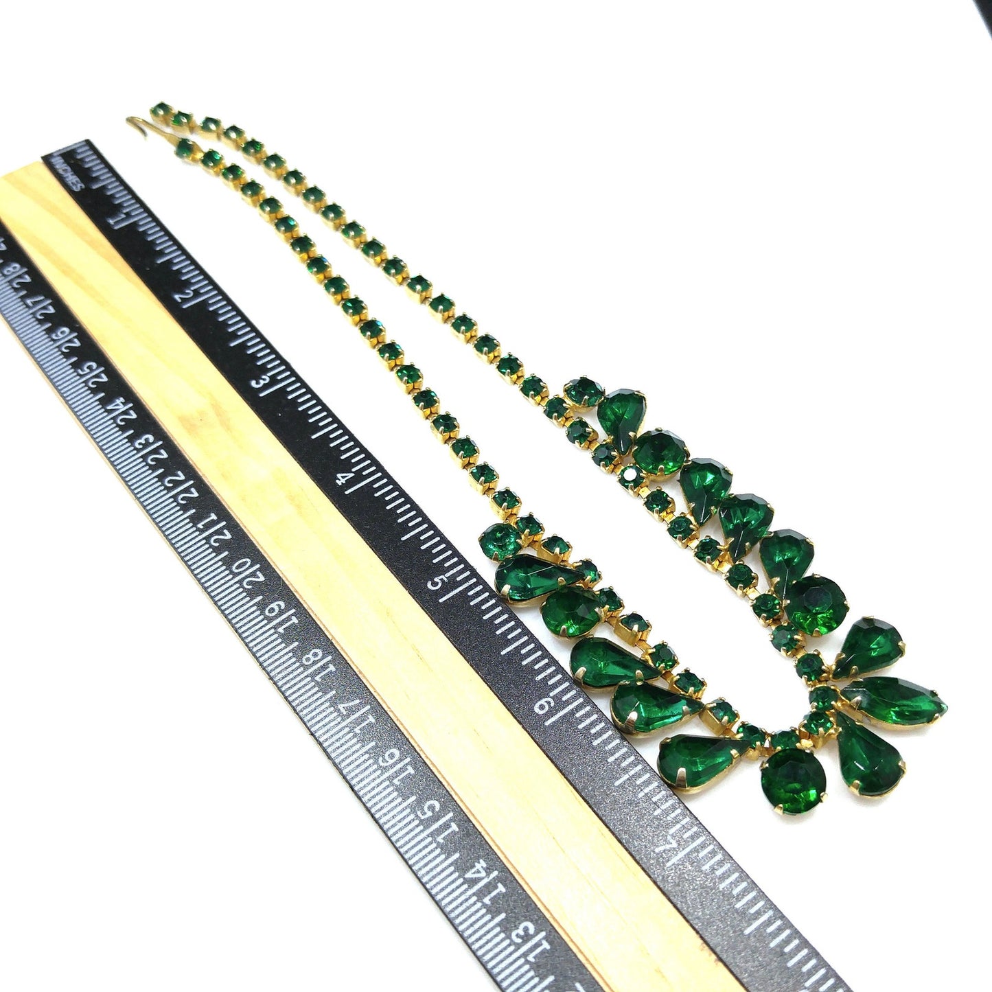 Vintage Emerald Green Rhinestone Choker Necklace, Gold Plated, 14 3/4 Inches, 1960s Vintage Jewelry