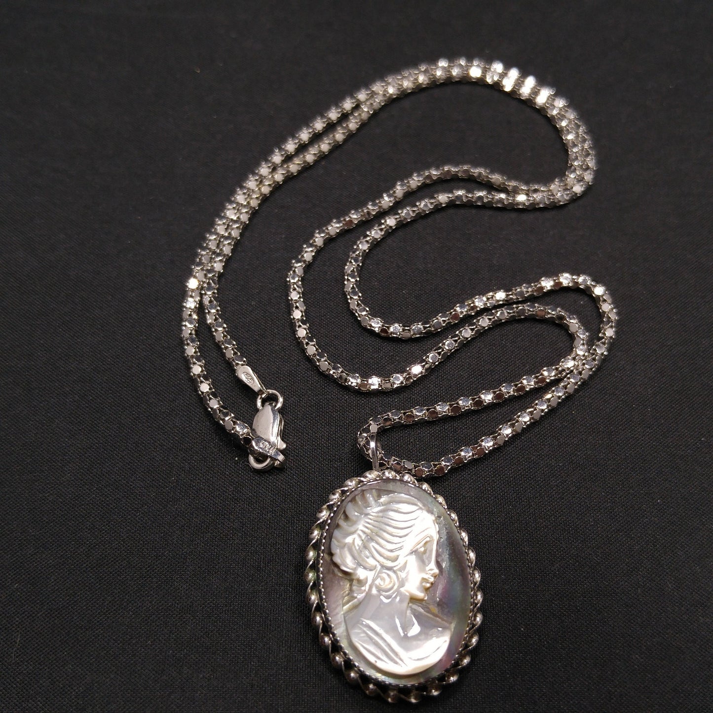 Abalone Shell Cameo Pendant Brooch, 925 Silver Necklace, 1970s Vintage Jewelry