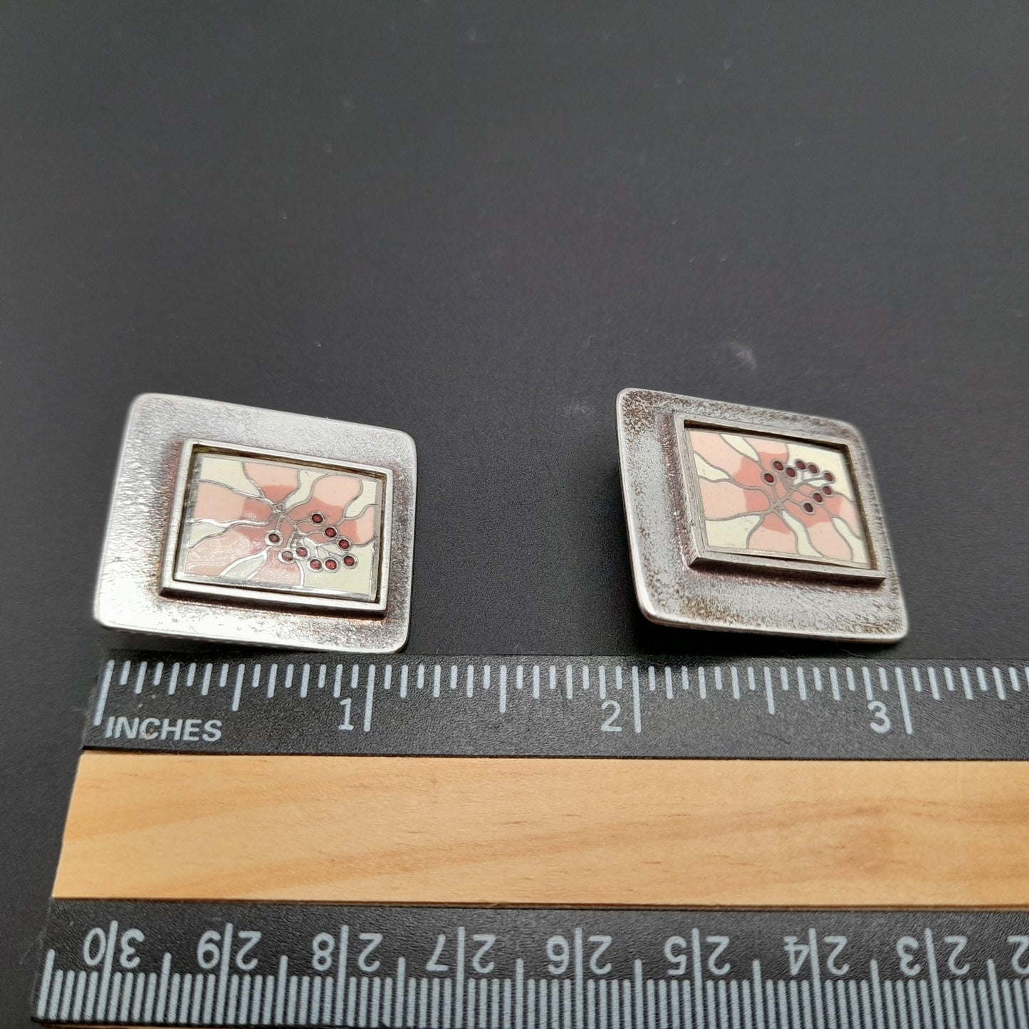 Laurel Burch Pink Flower Clip Earrings, Silver Plate, Cloisonne Enamel, 1980s Vintage Jewelry