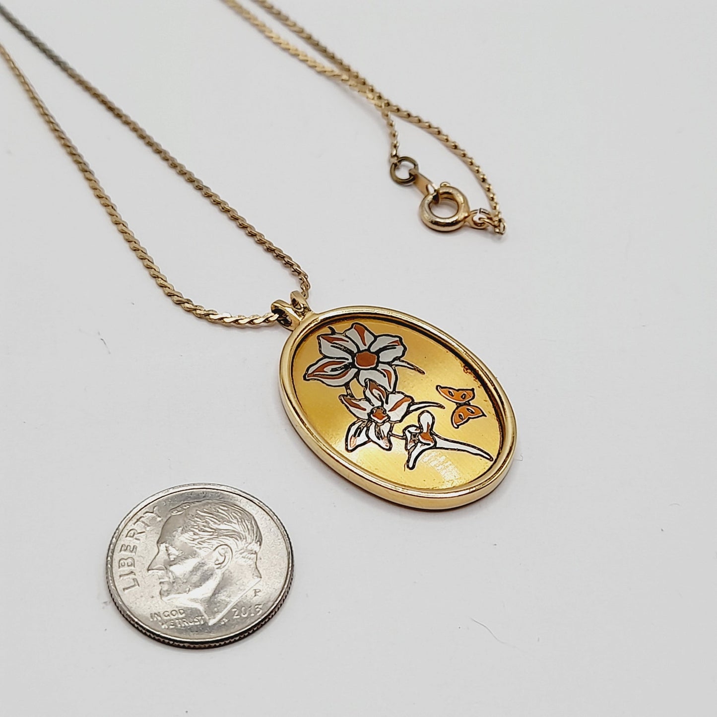 Vintage Reed & Barton Damascene July Larkspur Pendant Necklace Floral Birth Flower
