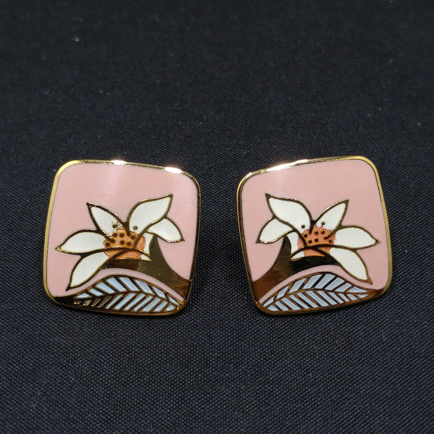 Vintage Laurel Burch "Wild Lily" Pink Post Earrings, Cloisonne Gold Plated