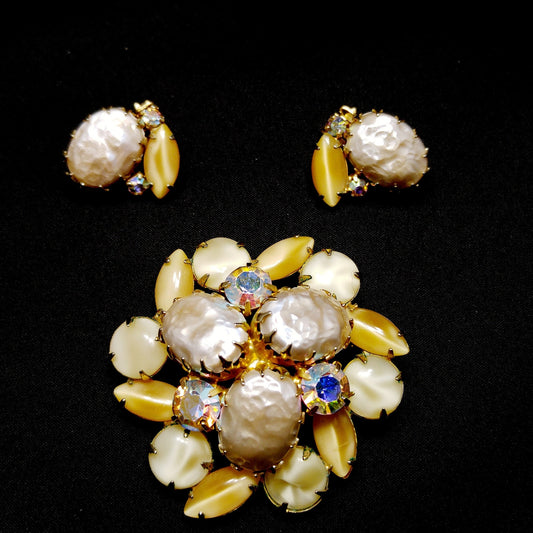 Faux Baroque Pearls AB Rhinestone Brooch Earrings, Gold Plated, 1960s Vintage Jewelry