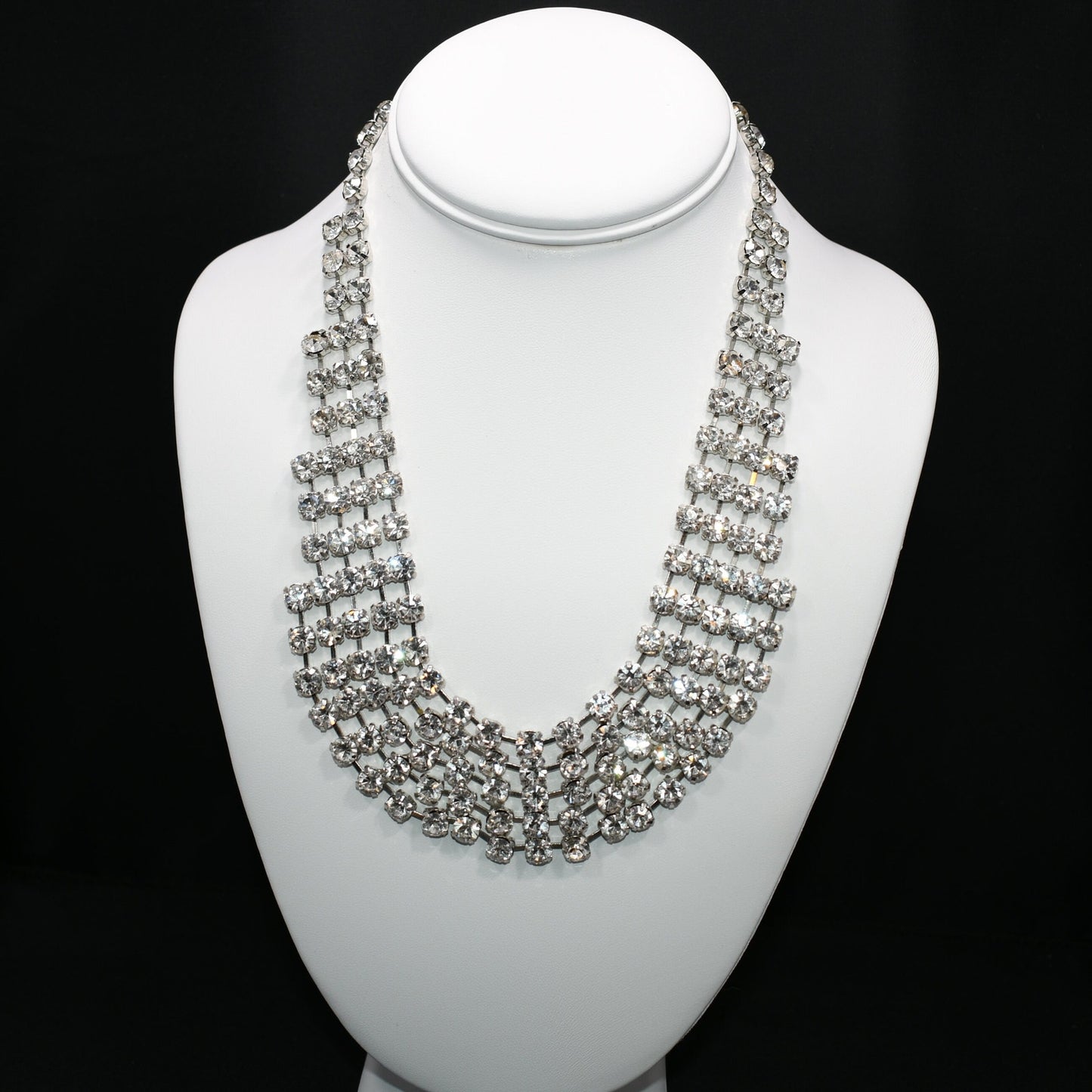 Vintage Clear Rhinestone Frontal Necklace, Rhodium Plating, 18 1/2 Inches, 1980s Vintage Jewelry
