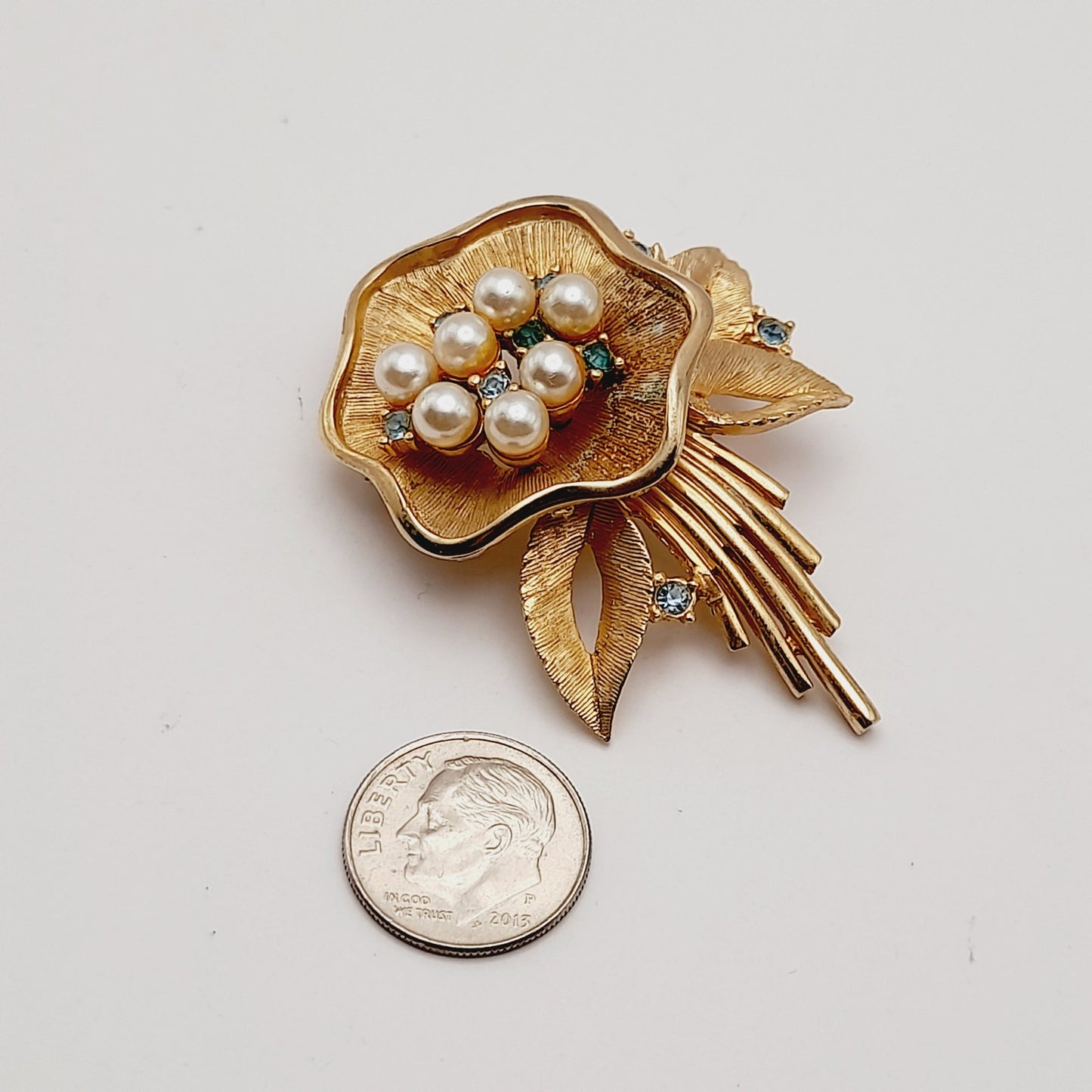 Vintage Ledo 1962 Floral Brooch, Gold Plated Faux Pearl Rhinestone Pin, Signed Mid Century Jewelry